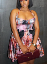 Colour Sexy Print Bow Decor Halter A Line Dresses