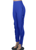 Solid Color Stretch Skinny High Waist Tassel Trousers