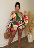 Sexy One Shoulder Printed Short Skirt Bat Sleeve Dress