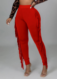 Solid Color Stretch Skinny High Waist Tassel Trousers