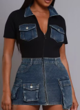 Sexy Waist Short Sleeve Zipper Pocket Slim Fit Denim Patchwork Dress