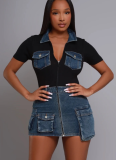 Sexy Waist Short Sleeve Zipper Pocket Slim Fit Denim Patchwork Dress