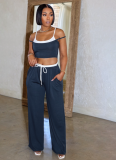 Summer Hot Girl Camisole Drawstring Patchwork Straight Pants Two-Piece Set