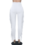 Solid Color Stretch Skinny High Waist Tassel Trousers