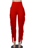 Solid Color Stretch Skinny High Waist Tassel Trousers
