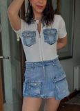 Sexy Waist Short Sleeve Zipper Pocket Slim Fit Denim Patchwork Dress