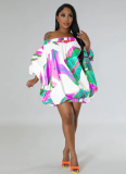 Sexy One Shoulder Printed Short Skirt Bat Sleeve Dress