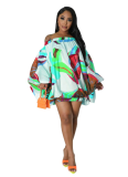 Sexy One Shoulder Printed Short Skirt Bat Sleeve Dress