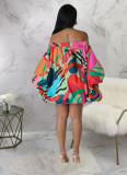 Sexy One Shoulder Printed Short Skirt Bat Sleeve Dress