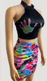 Casual Halter Neck Backless Sling Slim Hip Skirt Two Piece Set