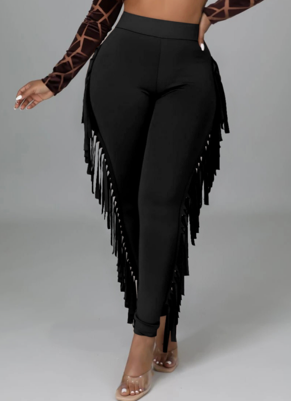 Solid Color Stretch Skinny High Waist Tassel Trousers