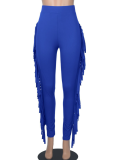 Solid Color Stretch Skinny High Waist Tassel Trousers