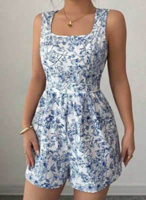 Fashionable Printed Floral Lace-up Vest Jumpsuit