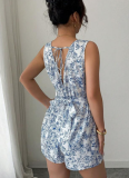 Fashionable Printed Floral Lace-up Vest Jumpsuit