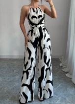 Fashionable Zebra Print Suspenders Lace-up Wide-leg Trousers Jumpsuit