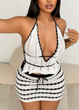 Sexy Fashion V-Neck Halter Backless Knitted Sweater Short Skirt Set
