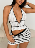Sexy Fashion V-Neck Halter Backless Knitted Sweater Short Skirt Set