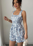 Fashionable Printed Floral Lace-up Vest Jumpsuit