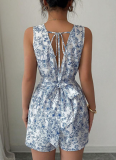 Fashionable Printed Floral Lace-up Vest Jumpsuit