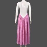 Casual Hollow U-neck Pullover Plaid Contrast Color Stitching Tendy Swing Dress