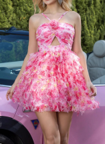 New Floral Chiffon Slim Fit Sling Short Cake Dress