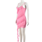 Pink Sexy Slim Fit Suspender Ruffle Dress