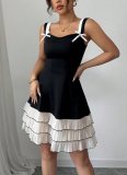 Fashionable Sling Contrast Color Multi-layer Cake Dress