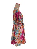 Fashion Floral Print Cross Neck Belted Dress