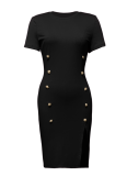 Sexy Solid Color Buckle Slit O Neck Wrapped Skirt Dresses