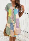 Popular Geometric Print Elegant V-neck Button-down Dress