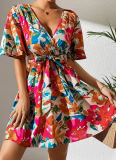 Fashion Floral Print Cross Neck Belted Dress