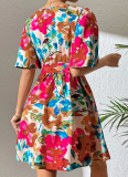 Fashion Floral Print Cross Neck Belted Dress