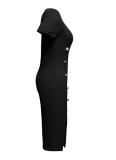 Sexy Solid Color Buckle Slit O Neck Wrapped Skirt Dresses