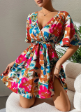 Fashion Floral Print Cross Neck Belted Dress