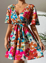 Fashion Floral Print Cross Neck Belted Dress