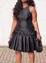 Black Casual Solid Color Stringy Selvedge O Neck Long Dresses