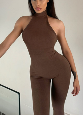 Solid Color Sleeveless Halter Neck Backless Sexy Slim Fit Jumpsuit