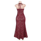 Fashion Style Temperament Slim Halterneck Lace Long Dress