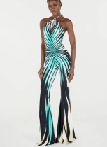 Fashionable Contrast Striped Hollow Halter Neck Jumpsuit