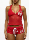 Sexy Printed Breathable Mesh Halter Neck Vest Waist-Length Tie Hip-Lifting Shorts Set