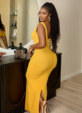 Sexy One-step Skirt Backless Halter Neck Solid Color Slit Long Dress
