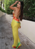 Fashionable Contrast Color Flower Print Halter Neck Slim Fit Hip Long Dress