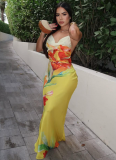 Fashionable Contrast Color Flower Print Halter Neck Slim Fit Hip Long Dress