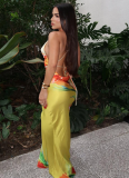 Fashionable Contrast Color Flower Print Halter Neck Slim Fit Hip Long Dress
