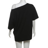 Fashionable Letter Print Off-shoulder Short-sleeved Loose T-shirt Top