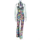 Sexy Printed Cross Halter Neck Hollow Back Loose Comfortable Waist Jumpsuit