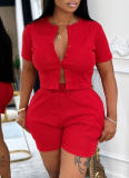 Casual Solid Color Buckle O Neck Short Sleeve Two Pieces