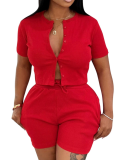 Casual Solid Color Buckle O Neck Short Sleeve Two Pieces