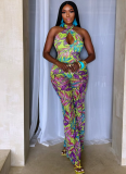 Sexy Printed Cross Halter Neck Hollow Back Loose Comfortable Waist Jumpsuit
