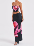 Fashion Tube Top Printed Vest Slim Hip Skirt Suit